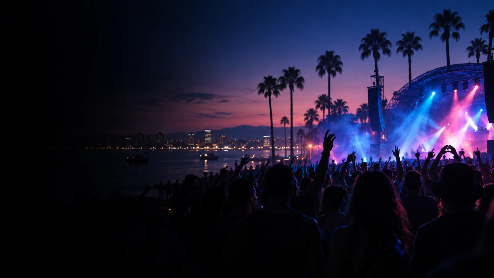 Anonymous crowd silhouettes beside a waterfront stage under cobalt and rose lights at night